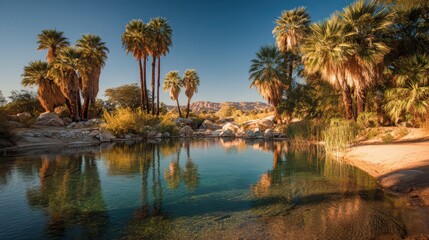 Serene Desert Oasis with Turquoise Water, Palm Shade and Warm Desert Light