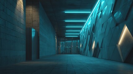 Modern architectural hallway with vibrant neon lighting on textured geometric wall and ceiling