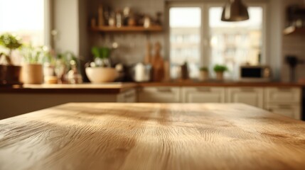 Wooden kitchen tabletop with a softly blurred counter background, warm and inviting