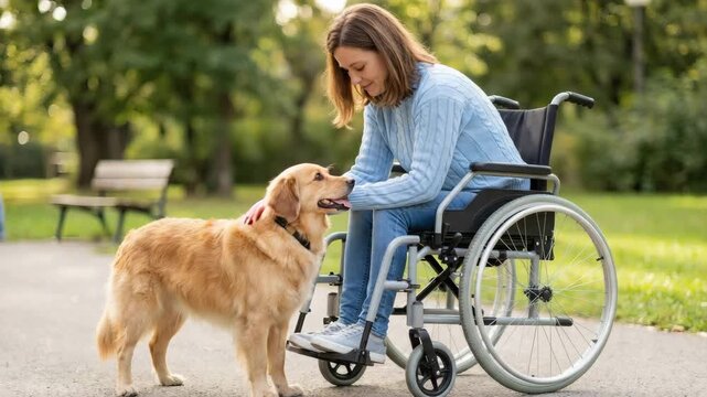 Smiling young woman with gentle mood petting a dog while sitting in a wheelchair against a sunny park background with copy space
