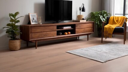 Modern vintage TV console replica captured in a sleek minimalistic setting highlighting contemporary takes on midcentury design elements.