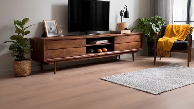 Modern vintage TV console replica captured in a sleek minimalistic setting highlighting contemporary takes on midcentury design elements.