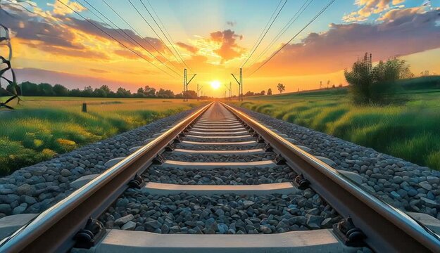 Railway tracks stretching into the distance through open countryside, electrical power poles and overhead wires along the tracks