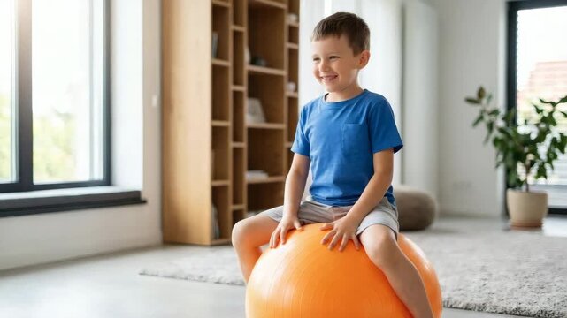 Smiling young boy with joyful mood exercising on a fitness ball against a bright modern home interior background with copy space