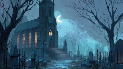 Nocturnal Gothic Landscape: Cemetery, Church, and a Ghostly Presence