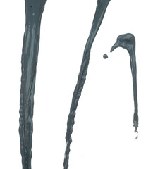 Gray paint liquid fly in mid air. Grey Mud dirty water color soil falling scatter, explosion float in shape form droplet line. White background isolated freeze motion high speed shutter