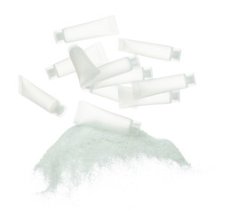 Cosmetic container white bottle fly splashing on white sand. Tube transparent sand powder in mid air. Moisturizer lotion cream bottle explosion flying. White background isolated high speed shutter