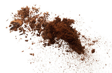 Coconut peel husk flying explosion, coconut chopped medium M size abstract fall down garden. Coconut shell peel fertilizer splash throwing in Air. White background Isolated high speed shutter, freeze