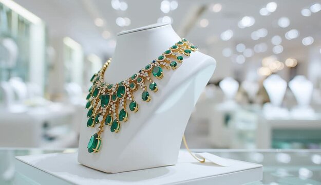 Luxury emerald green gemstone necklace displayed on white jewelry bust stand, statement necklace with large green emeralds and small diamonds in gold or silver setting