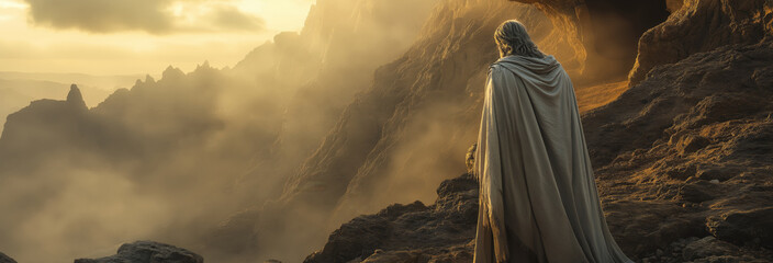 Elijah on Mount Horeb: A Dramatic Portrait of the Prophet Listening for God's Still Small Voice, Wrapped in His Cloak Amidst Wind and Divine Light
