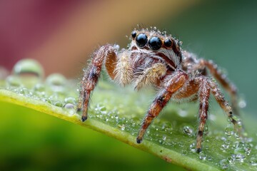 Fototapeta premium Natural daylight macro portrait of a jumping spider with sharp focus on eyes and legs