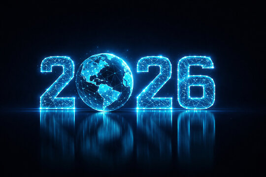 Futuristic glowing blue 2026 with digital globe - Powered by Adobe