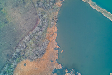 Agricultural field bordering a lake with dry reeds, aerial drone shot of a rural boundary line. Contrast between cultivated land and wild water swamp