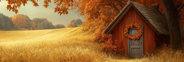 A cozy cottage nestled amidst golden fields