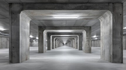 Obraz premium Concrete underground tunnel with symmetrical pillars and soft lighting.