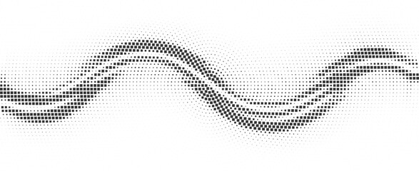 Dual Halftone Square Wave Pattern with Dynamic Fluid Curves and Monochrome Geometric Digital Art Texture Vector Illustration