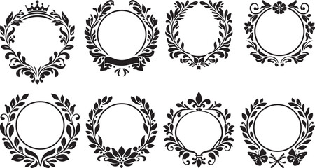 Obraz premium Floral Laurel Wreaths Set: Black Silhouette Heraldic Frames with Crowns, Ribbons, and Flower Accents