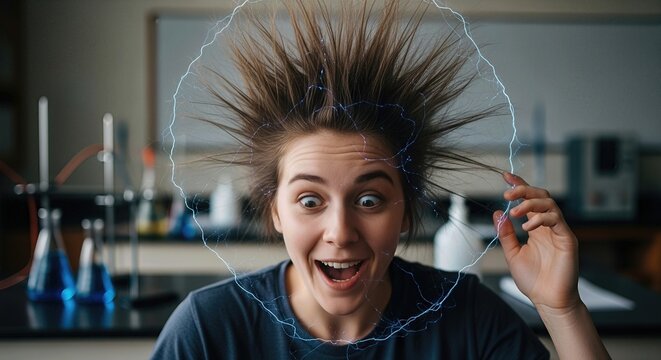 Wide eyed face reacts to powerful static charge, upright hair receives electrification, glowing blue energy surrounds head, amazed expression in science classroom, scientific experiment.