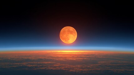Obraz premium Orbital view capturing a vibrant orange full moon set above a horizon of clouds and atmosphere