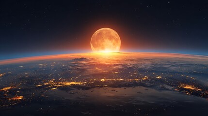 Orbital view of Earth with a fiery orange moon rising over the illuminated horizon