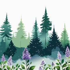 Obraz premium Forest botanical watercolor pattern, deep emerald washes + lilac blossoms for moody elegance beautiful seamless pattern