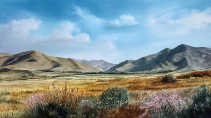 Naklejka premium Serene mountain landscape with colorful wildflowers under blue sky.