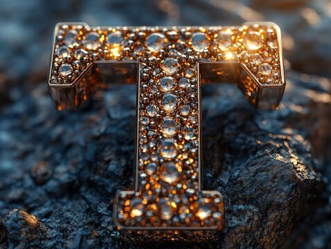 A sparkling golden letter "T" encrusted with gems rests on a dark textured surface