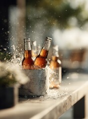 Four wet beer bottles in a wooden ice bucket with dramatic water splash and droplets in warm summer sunlight outdoor setting