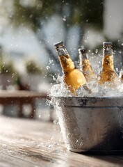Four wet beer bottles in a wooden ice bucket with dramatic water splash and droplets in warm summer sunlight outdoor setting