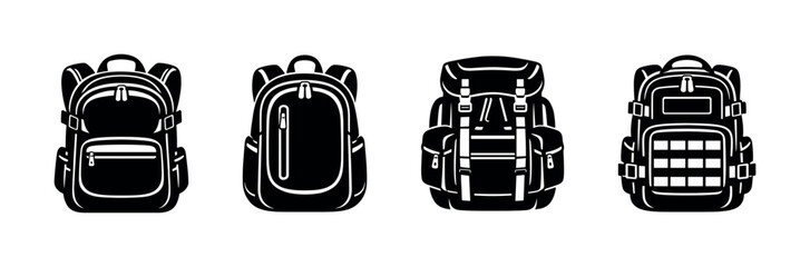 Backpack vector icons set: hiking, travel, outdoor gear symbols