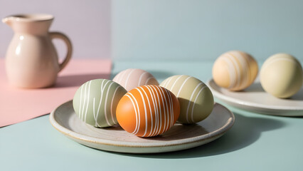 Colored Easter eggs on a plate with pastel background  