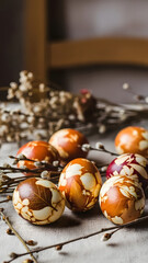 Decorative Easter eggs arranged with branches on a wooden table  in eco style