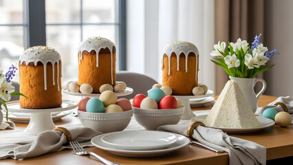 Festive Easter table setting with traditional cakes and decorated eggs  