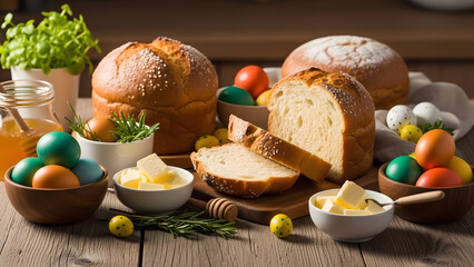 Freshly baked bread with butter and colorful eggs on wooden table  