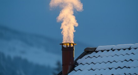 Smoke rising from chimney on snow-covered roof in winter evening  