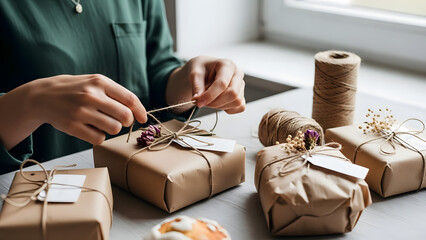Woman wrapping gifts with brown paper and twine on kitchen table  