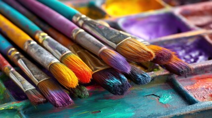 Obraz premium Colorful paintbrushes on palette with vibrant paints in artist's studio.