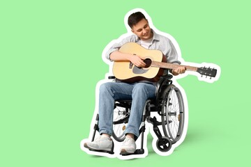 Fototapeta premium Young man in wheelchair playing guitar on green background