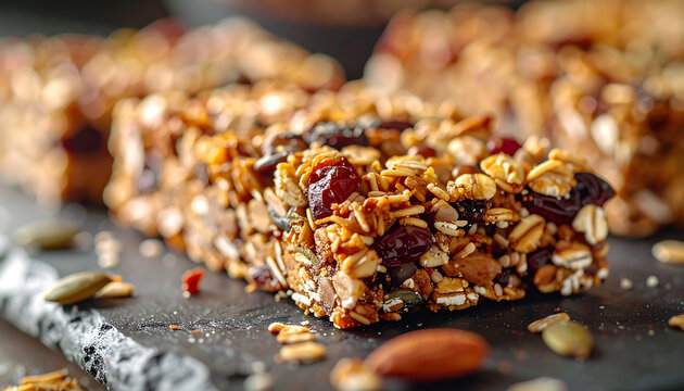 Vegan granola protein bar made with oats and seeds, healthy homemade snack, organic food.