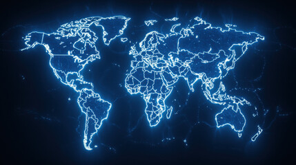 Illuminated World Map on Dark Background with Network Connections