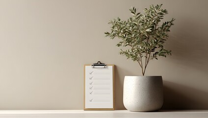 A minimalist still life with a clipboard and two stylish vases with plants on a beige background
