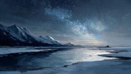 Stunning panoramic view of the night sky showing the Milky Way galaxy over an icy winter lake surrounded by snow covered mountains and distant town lights