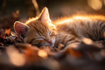Fototapeta premium Warm, peaceful scene of a kitten at rest in autumn foliage