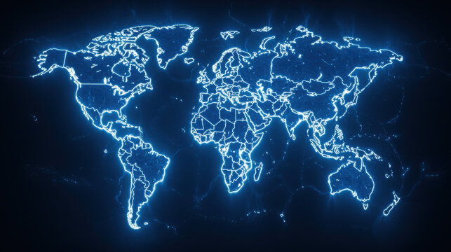 Illuminated World Map on Dark Background with Network Connections - Powered by Adobe