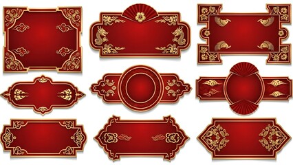 Vibrant red and gold ornate label designs for luxury branding