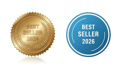Golden and blue best seller badges for awards and recognition