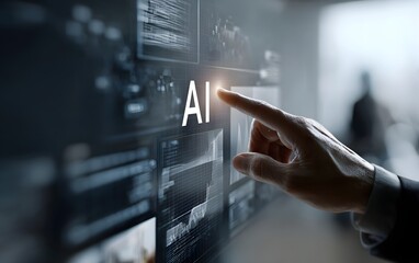 A hand reaching to touch a digital screen with the letters AI to represent artificial intelligence and future technology