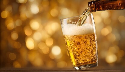 Close up of golden beer being poured from a bottle into a glass creating foam and bubbles with warm bokeh background light