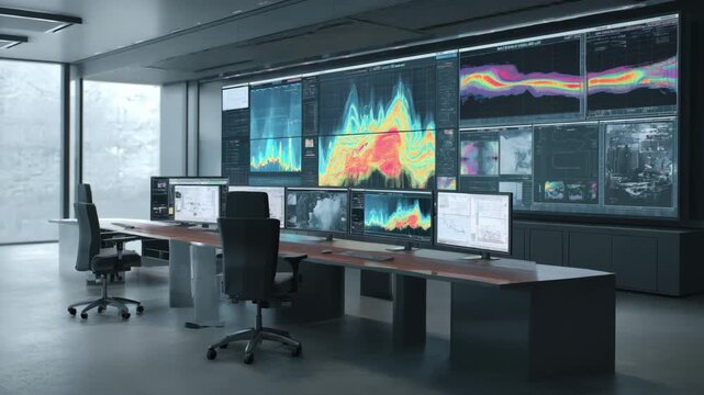 Medium shot of a control room workstation displaying dynamic digital twin models integrating thermal flow and defect data for comprehensive foundry monitoring