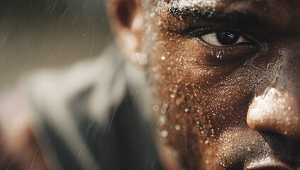 Close up on the intense face of an African American male athlete covered in sweat and water droplets from heavy rain during an intense workout
